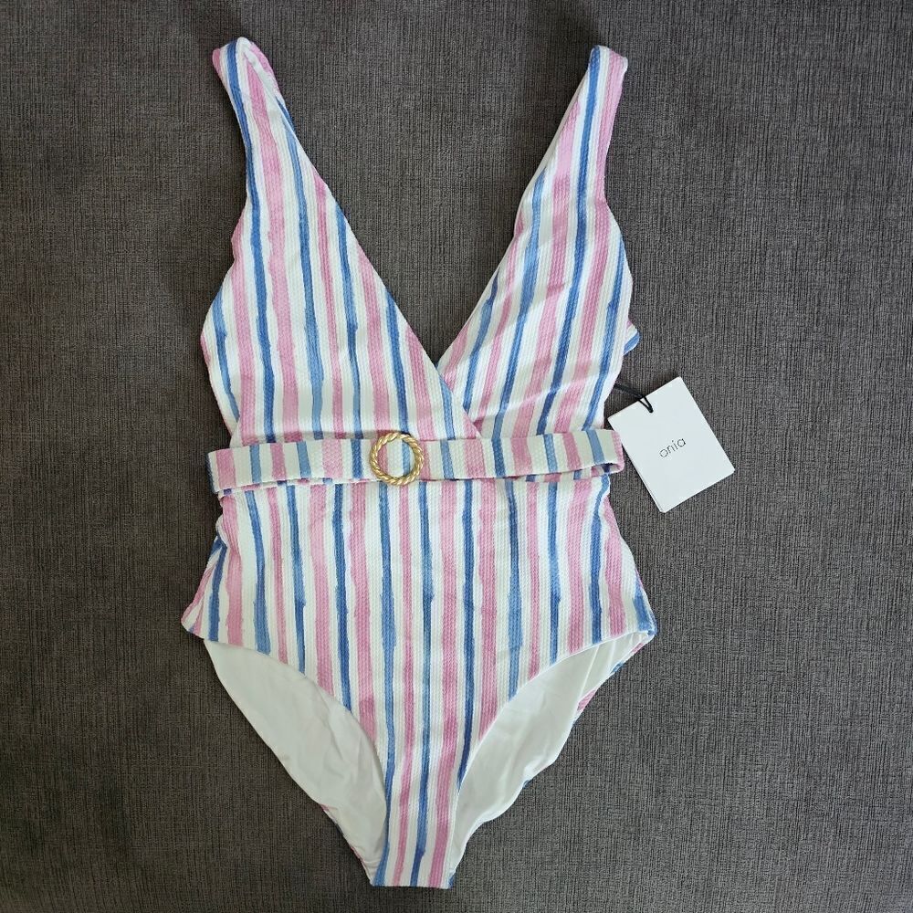 Onia Michelle Women belted One-Piece Painted Stripes Swimsuit Size XSMALL
